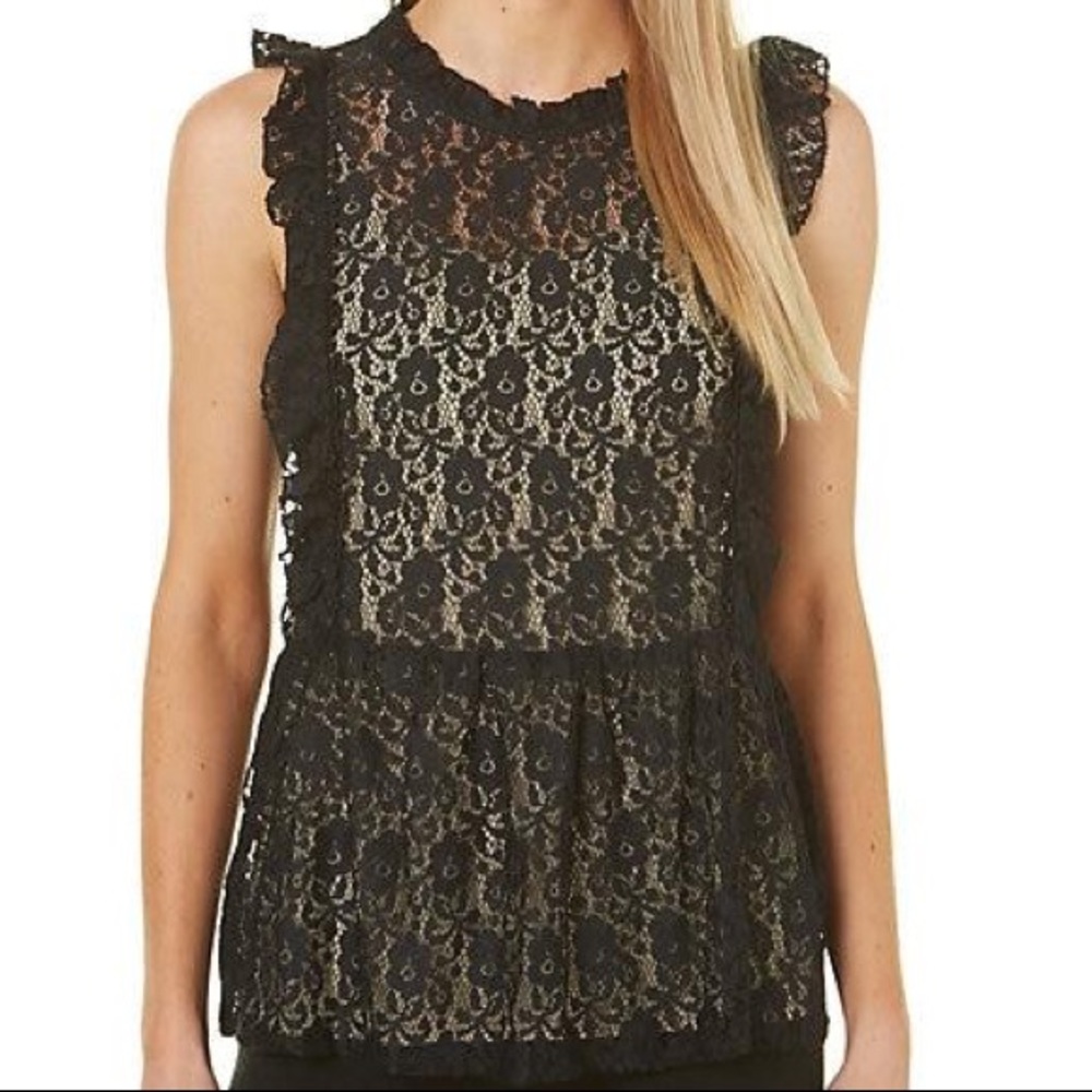 HARVE BENARD Black Lace Peplum Blouse NWT Ruffle Sleeveless Feminine Top M
